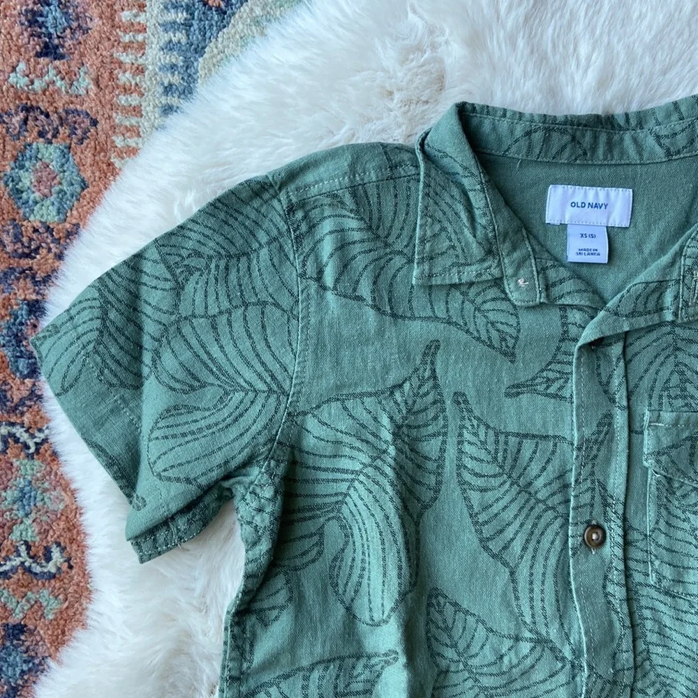Old Navy boys green Hawaiian print linen shirt tropical luau summer xs 5